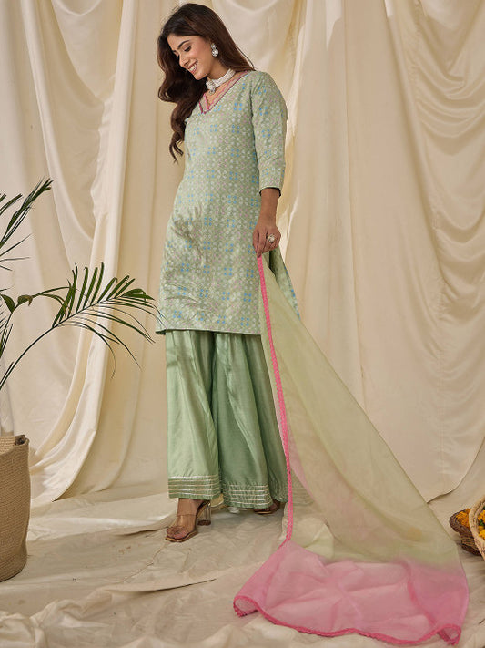 Floral Printed V-Neck Straight Kurta & Sharara With Dupatta