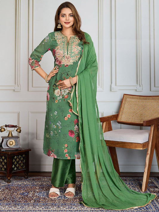 Floral Printed & Embroidered Straight Kurta & Trousers With Dupatta