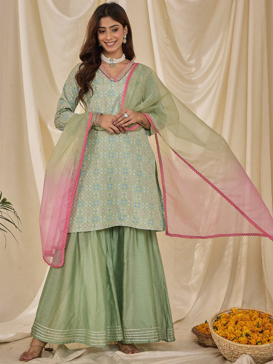 Floral Printed V-Neck Straight Kurta & Sharara With Dupatta