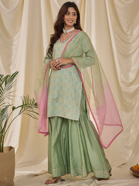 Floral Printed V-Neck Straight Kurta & Sharara With Dupatta