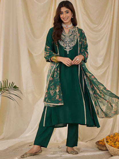 Floral Yoke Design Notch Neck Straight Kurta & Trousers With Dupatta
