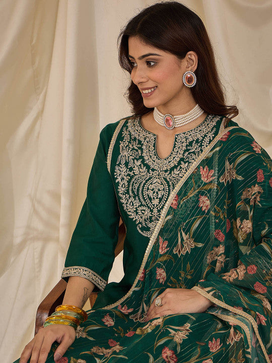 Floral Yoke Design Notch Neck Straight Kurta & Trousers With Dupatta