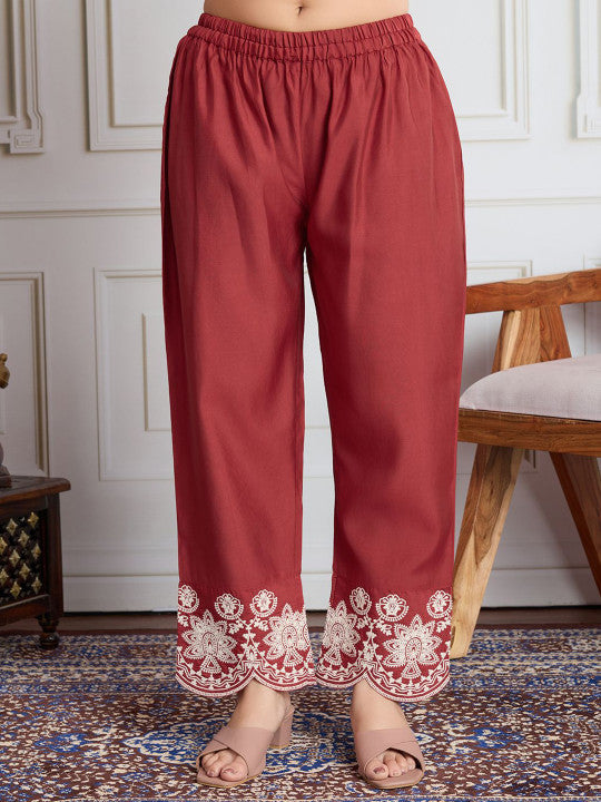 Floral Embroidered Flared Sleeves Round Neck Straight Kurta With Trouser