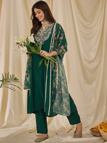 Floral Yoke Design Notch Neck Straight Kurta & Trousers With Dupatta