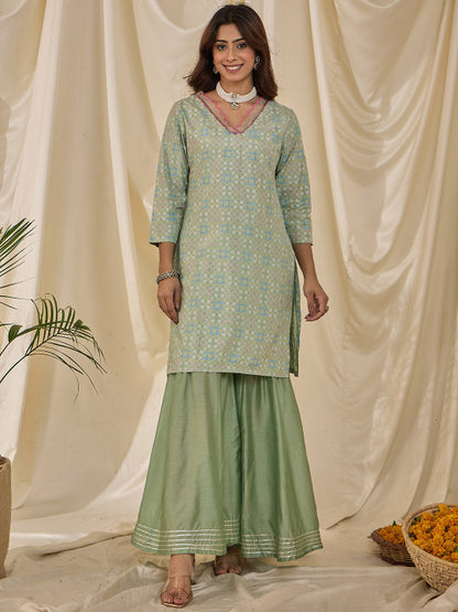 Floral Printed V-Neck Straight Kurta & Sharara With Dupatta