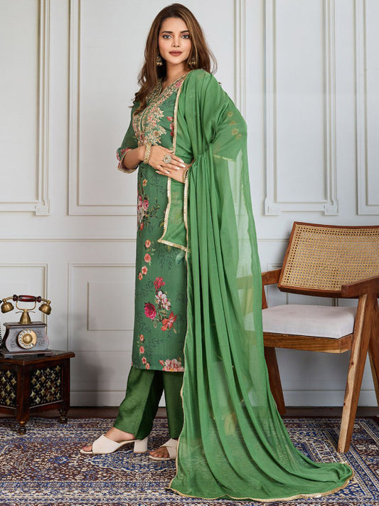 Floral Printed & Embroidered Straight Kurta & Trousers With Dupatta