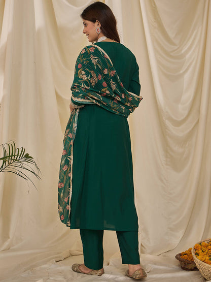 Floral Yoke Design Notch Neck Straight Kurta & Trousers With Dupatta