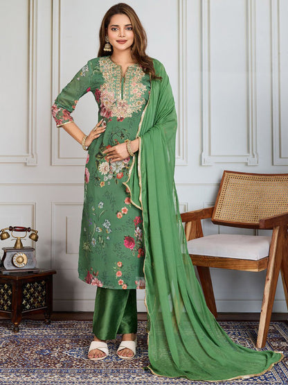 Floral Printed & Embroidered Straight Kurta & Trousers With Dupatta