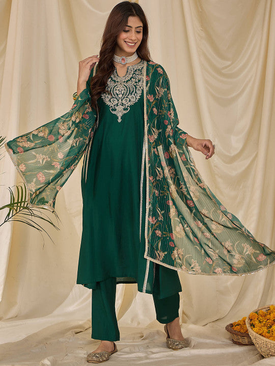 Floral Yoke Design Notch Neck Straight Kurta & Trousers With Dupatta