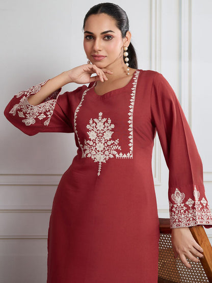 Floral Embroidered Flared Sleeves Round Neck Straight Kurta With Trouser