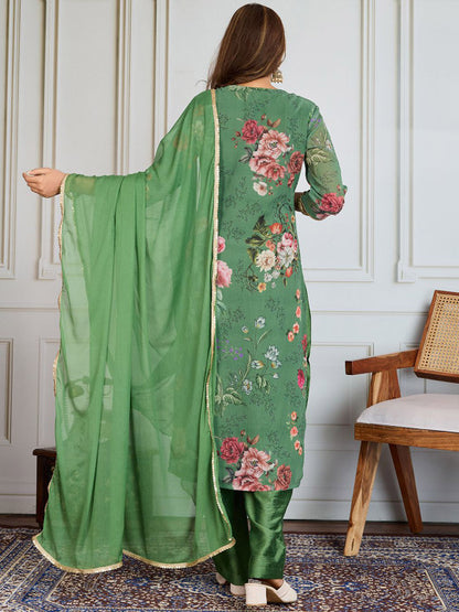Floral Printed & Embroidered Straight Kurta & Trousers With Dupatta