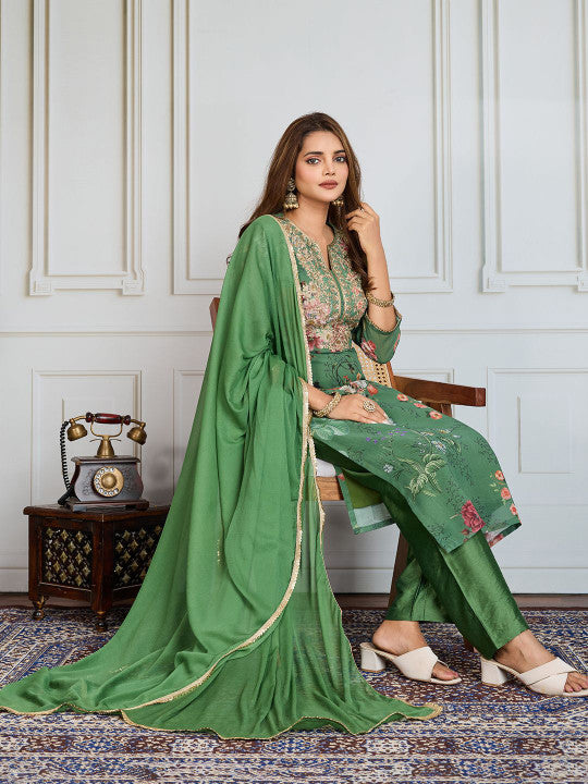 Floral Printed & Embroidered Straight Kurta & Trousers With Dupatta