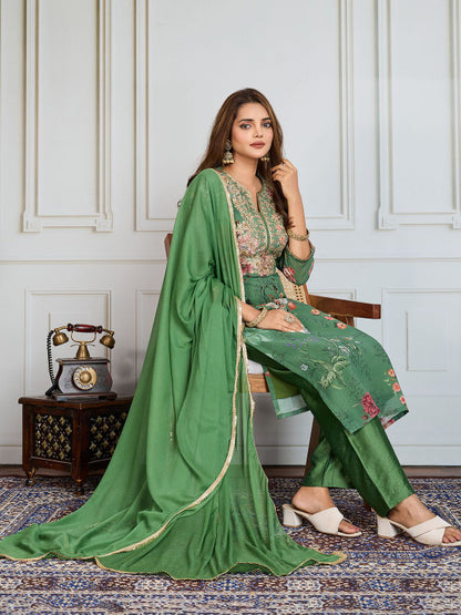 Floral Printed & Embroidered Straight Kurta & Trousers With Dupatta