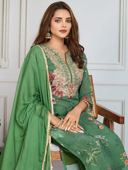 Floral Printed & Embroidered Straight Kurta & Trousers With Dupatta