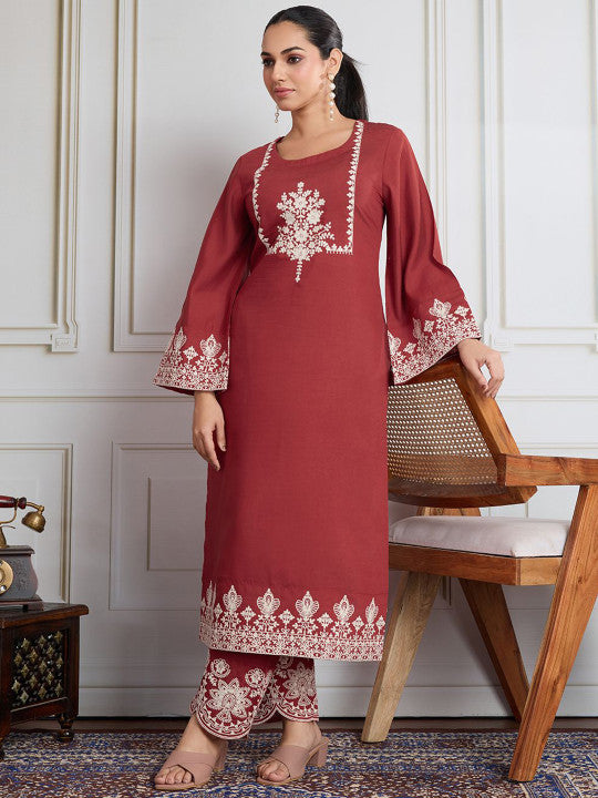 Floral Embroidered Flared Sleeves Round Neck Straight Kurta With Trouser