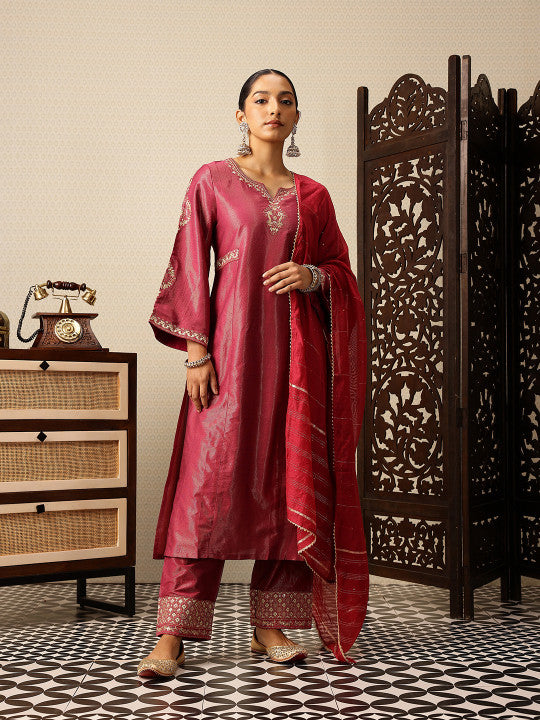 Floral Yoke Design Thread Work Jashn Kurta with Trousers & Dupatta