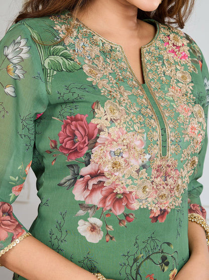Floral Printed & Embroidered Straight Kurta & Trousers With Dupatta