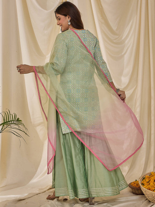 Floral Printed V-Neck Straight Kurta & Sharara With Dupatta