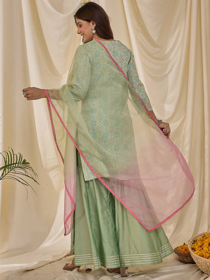 Floral Printed V-Neck Straight Kurta & Sharara With Dupatta