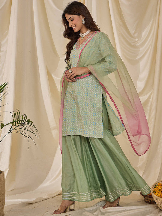 Floral Printed V-Neck Straight Kurta & Sharara With Dupatta